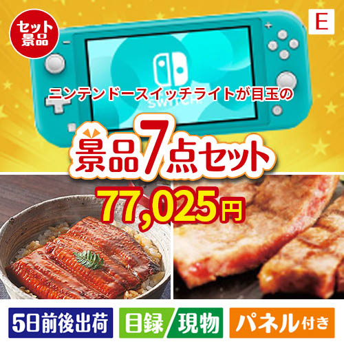 ニンテンドースイッチライトが目玉の極上グルメと備えもできる景品7点セットE