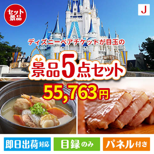 ディズニーペアチケットが目玉の美味しさと実用性を兼ね備えた万能景品5点セットJ