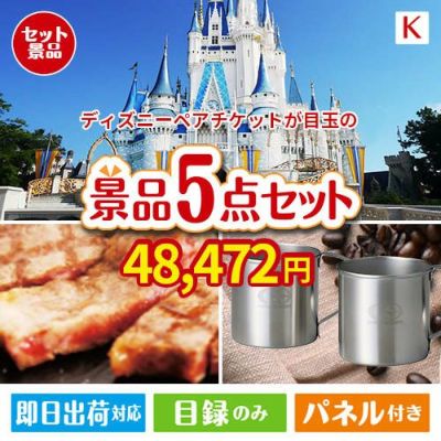 ディズニーペアチケットが目玉のお肉もスイーツも楽しめるグルメ景品5点セットK